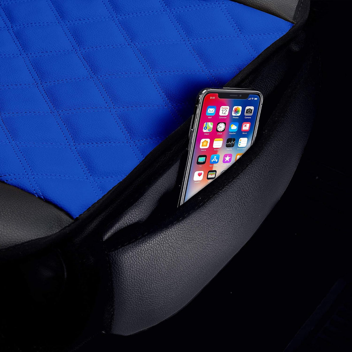 FH Group Car Seat Cushion Pads Front Set Blue Faux Leather Automotive Seat Cover Cushion Pads - Universal Fit, Airbag Compatible Car Seat Cushion Pad with Front Pocket for SUV, Sedan, Van