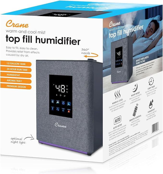 Crane 4.5L Warm and Cool Mist Humidifier, Top Fill Ultrasonic Humidifier for Large Room, Bedroom, Baby Nursery, Easy Clean, Humidifier with Essential Oil Tray, Humidifier with Humidistat & Remote