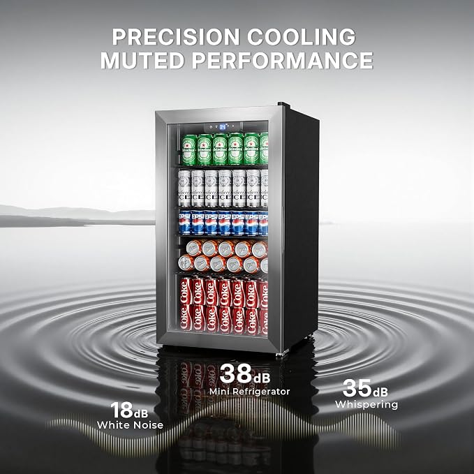 130 Can Beverage Refrigerator, 3.2 Cu.ft Mini Fridge, Glass Door, Silver | 34-64°F, LED Interior Light, Adjustable Removable Shelves, Beverage Cooler for Bedroom, Office, Bar