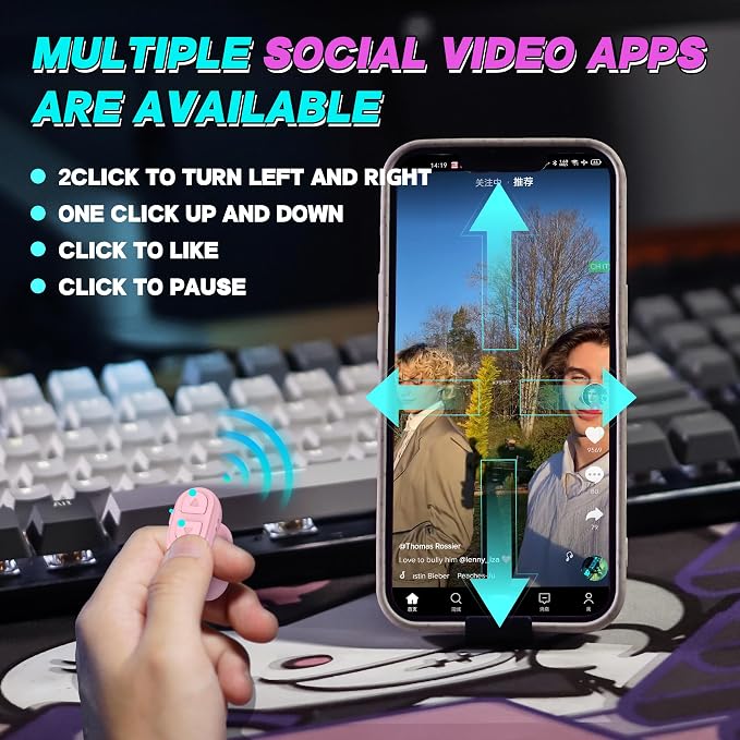 TikTok Scrolling Ring Remote, Hands‑Free Scroll/Like/Next/Volume Control
