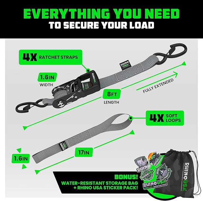 Rhino USA Ratchet Straps Heavy Duty Kit (4-Pack) - 1.6 Inch x 8 Feet Min Break Strength (5,000) - Ultimate Tie Down Straps with Safety S Hooks for Trucks, ATV, UTV, Motorcycle, Cargo & More - Gray