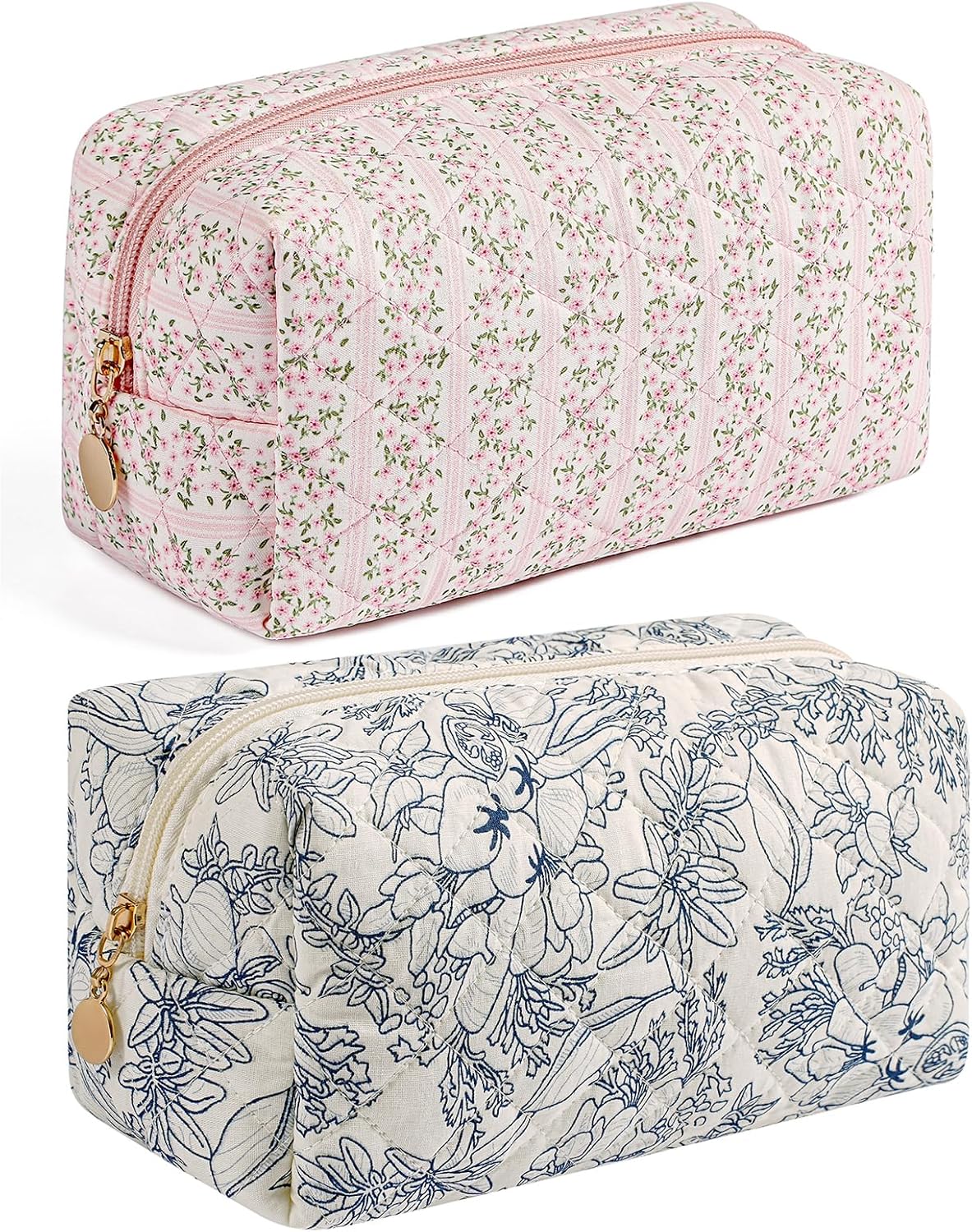 Makeup Bag Travel Cosmetic Bag for Women Girls, Zipper Make Up Pouch, Floral Flowers Toiletry Organizer Makeup, Portable Storage Bag, Cosmetic Travel Cloth Bag (Pink+Blue Bowknot)