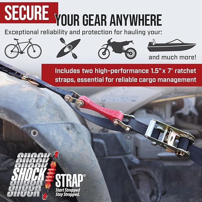 SHOCKSTRAP Ratchet Strap, 7’ x 1.5" Shock Absorbing Heavy Duty Tie Downs for Cargo, 1,000 LB WLL / 3,000 LB Break Strength, 2-Pack