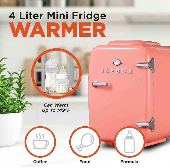 IceBox 4-Liter Mini Fridge Cooler/Warmer, IBMF4BLS, Blush Red | Portable Refrigerator Holds 6 Cans, Compact for Skincare, Beverages and Food, Includes 120V AC and 12V Car Adapters