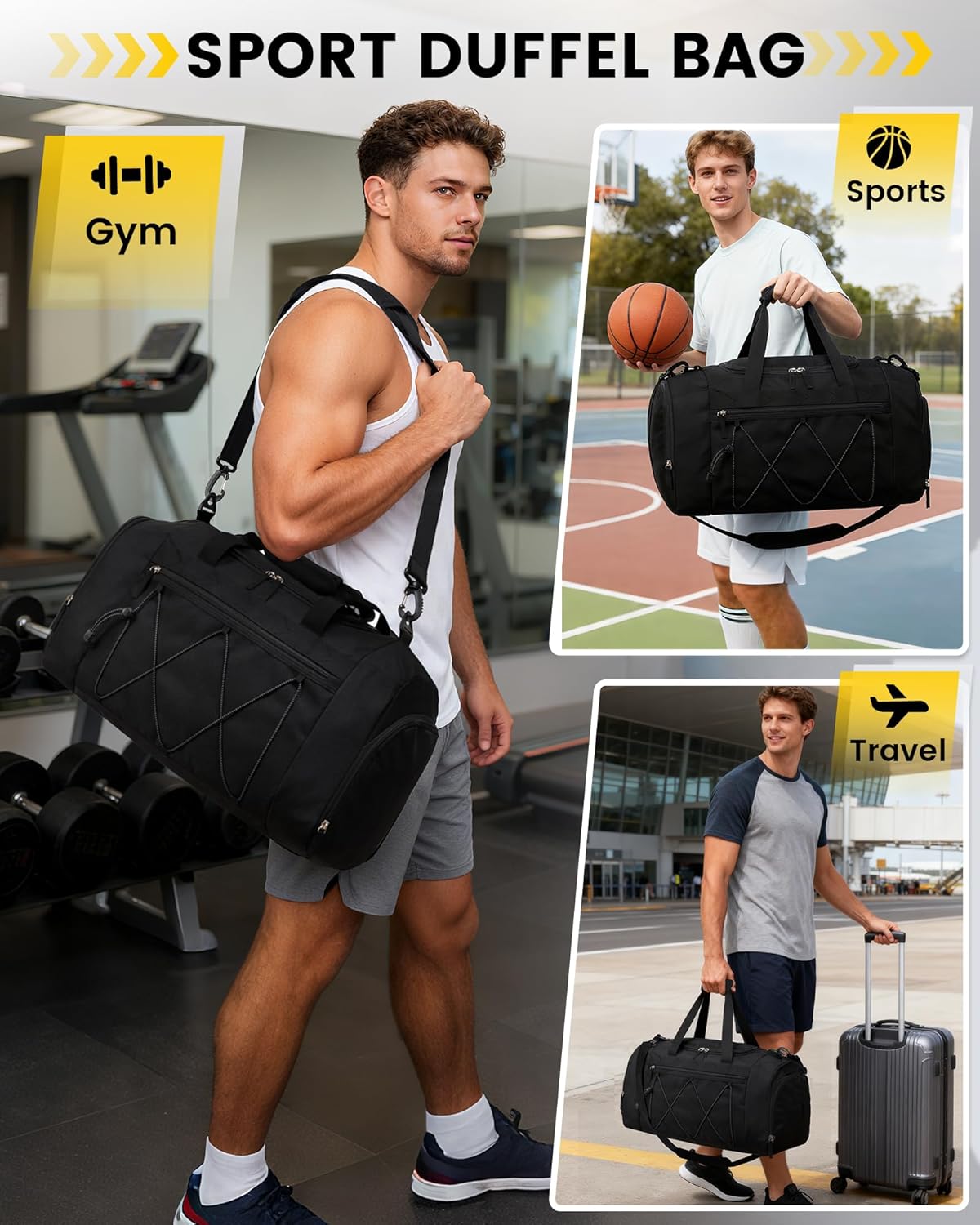 Vorspack Gym Bag - 21-Inch Water-Resistant Duffle with Shoe Compartment | Black Travel & Sports Bag