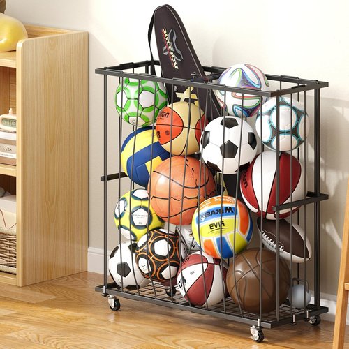 Hencawima Ball Storage Rack - Freestanding Organizer for Basketball, Soccer & More | Black