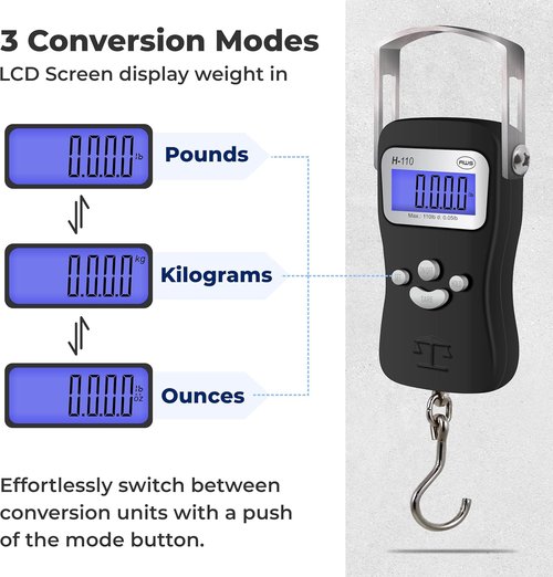 AWS Digital Luggage Scale - 110lb Capacity Hanging Scale with Built-in Tape Measure & Hook | Durable Metal Construction (Black)