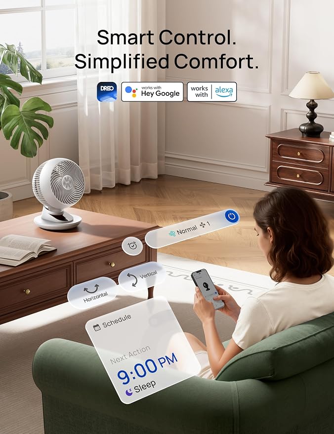 DREO Smart Fan for Bedroom, Powerful 85 ft Airflow, 12 Inches, Desk Fans in 20dB Quiet, 90°+90° oscillating fans, App/Voice Control, 9 Speeds & 8/12H Timer for Home Office Dorm