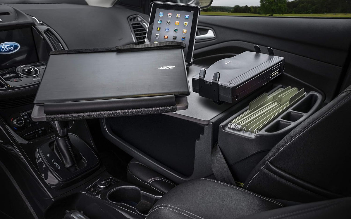 AutoExec Reach Desk Front Seat Car Desk and Portable Workstation Printer Stand, Tablet Mount and Phone Vent Clip, Grey