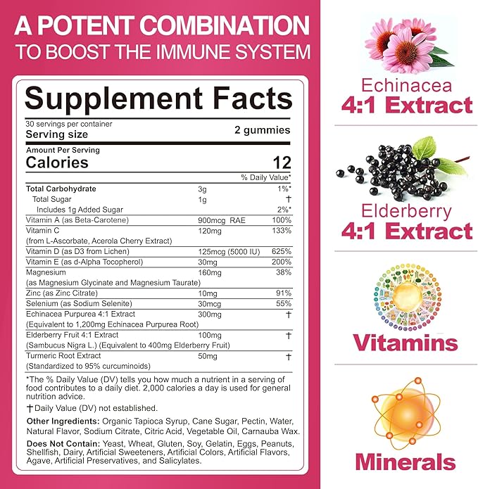 Vitamin C D3 Zinc Gummies for Adults w/Echinacea, Elderberry, Selenium, Magnesium，Vitamin D3 5000IU, Daily Immunity Booster Multivitamin Gummies, for Immunity Antioxidant Bone Energy，Vegan 1 Pack