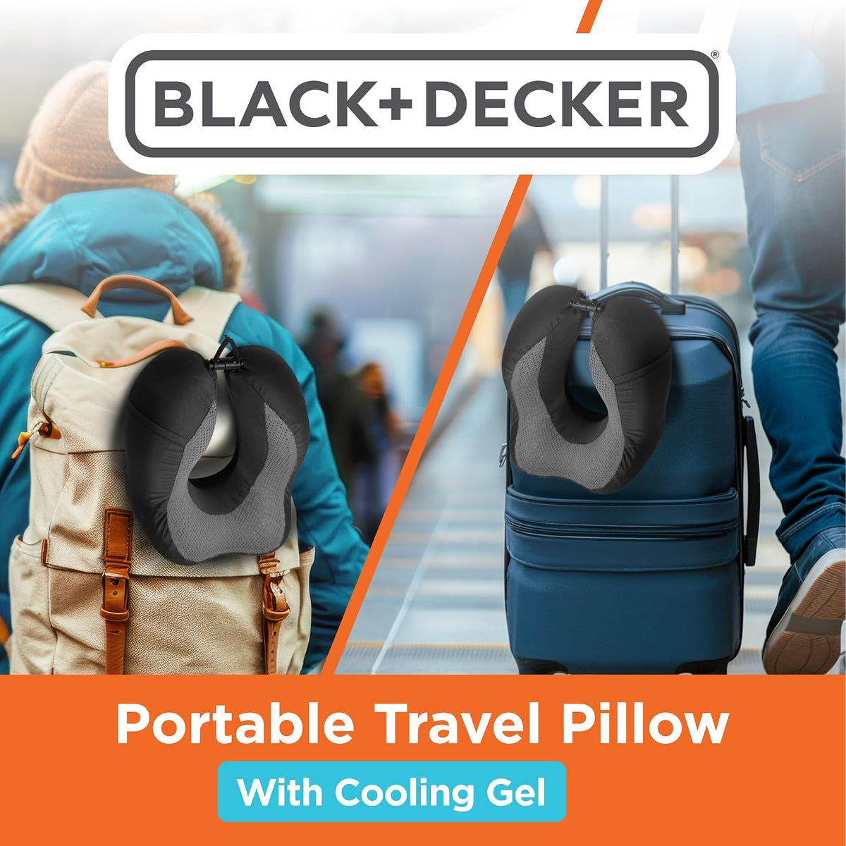 BLACK+DECKER Cooling Gel Memory Foam Neck Pillow – Travel Pillow for Plane, Car &amp; Train – Ergonomic Neck Support, Slow Rebound Memory Foam, Washable Cover, Universal Fit, Black