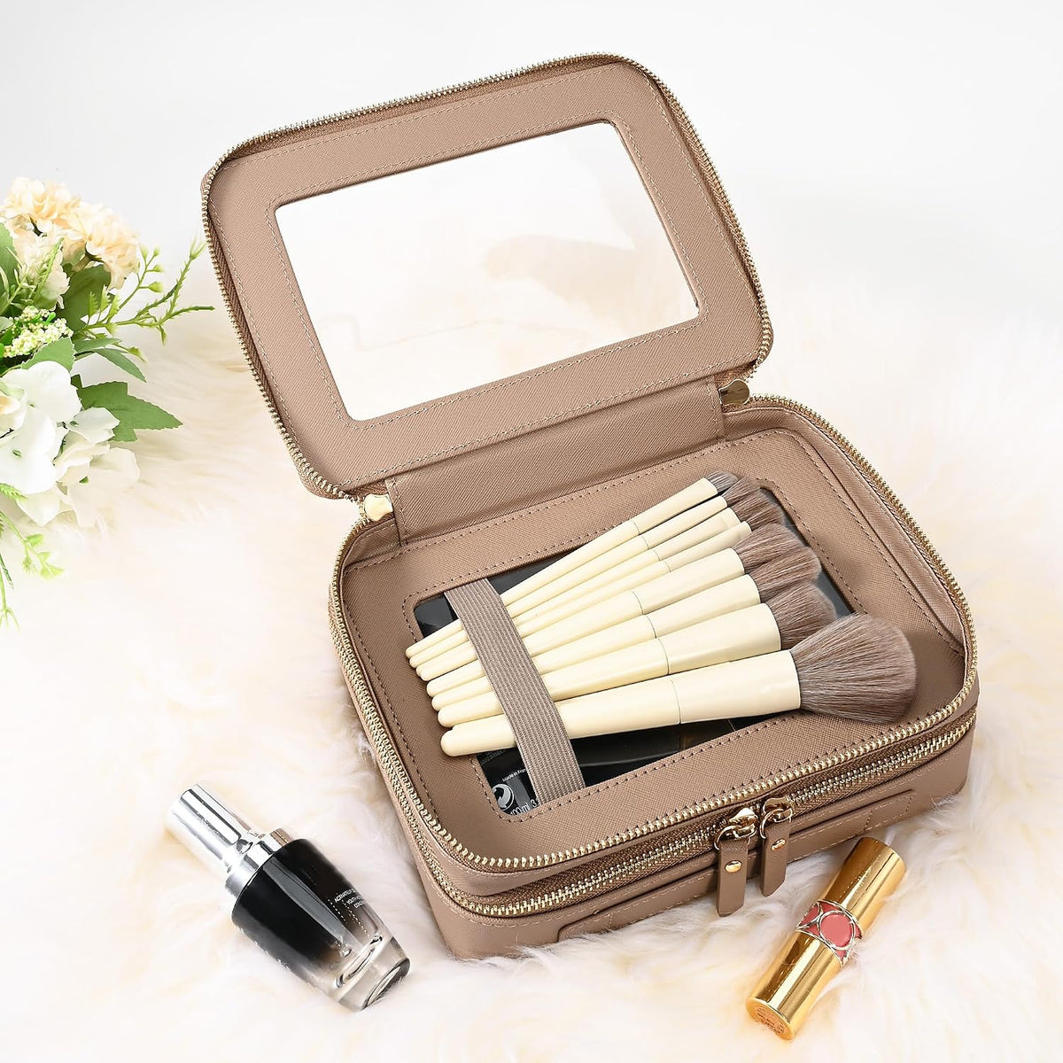 Aveniee Large Clear Makeup Bags, Double Layer Cosmetic Bags with Separate Brush Compartment,Travel Toiletry Bag Train Case,Travel Accessories Organizer for Women,2 Layers,Brown