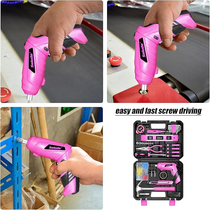SOLUDE Pink Tool Set,130 Piece Home Tool Kit for Women with 3.6V Cordless Rechargeable Screwdriver,Basic Household Tool Kit Set for New Home,Apartment,College Dorm & DIY Projects