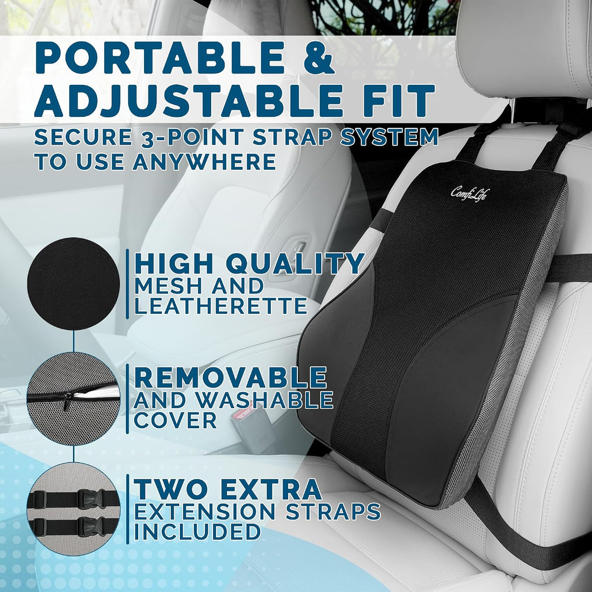 ComfiLife Lumbar Support Pillow for Office Chair – Premium Memory Foam Lumbar Pillow – Back Support for Office Chair, Car – Back Pain Relief, Improves Posture – 3 Adjustable Straps, Mesh + Leatherette