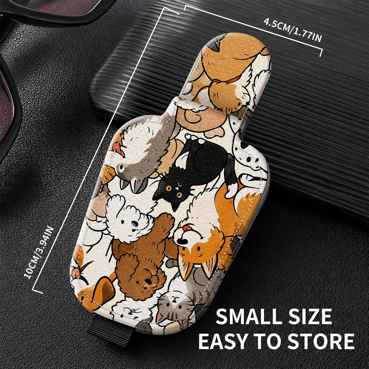 Sunglasses Holder for Car Visor, PU Leather Glasses Clip Organizer, Cute Magnetic Eyeglass Holder for Vehicle Sun Visor, Car Interior Accessory for Women & Men, Puppy Kitten
