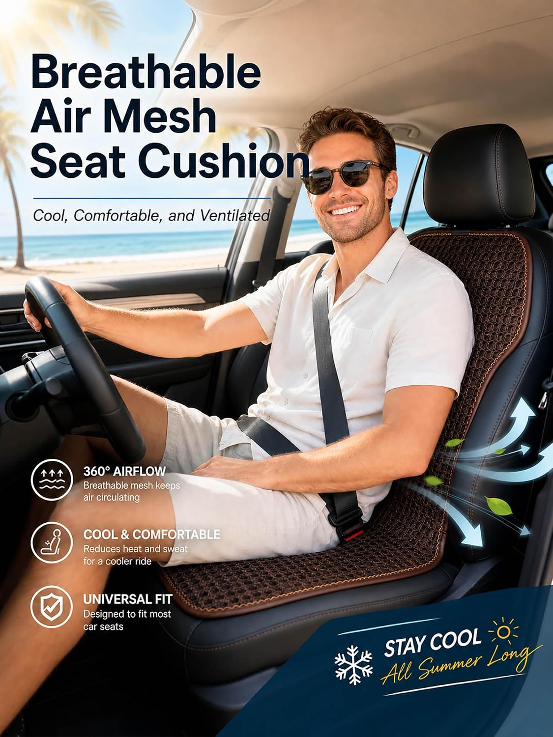 Summer 3D Air Big Mesh Car Seat Cushion Pad,Universal Fit Cooling Breathable and Vent Mesh Car Seat Cushions Cover for Truck SUV Pikup Sedan Accessories 1PCS (Brown)