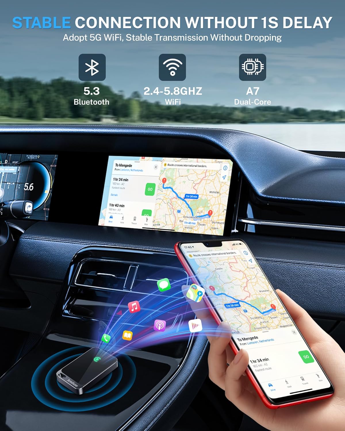 Jemluse Wireless CarPlay Adapter for Apple iPhone - Multi-User Seamless Connection for Convert Wired to Wireless Car Play Adapter - No Latency from iOS 10+ to Screen w/USB C (Gray)