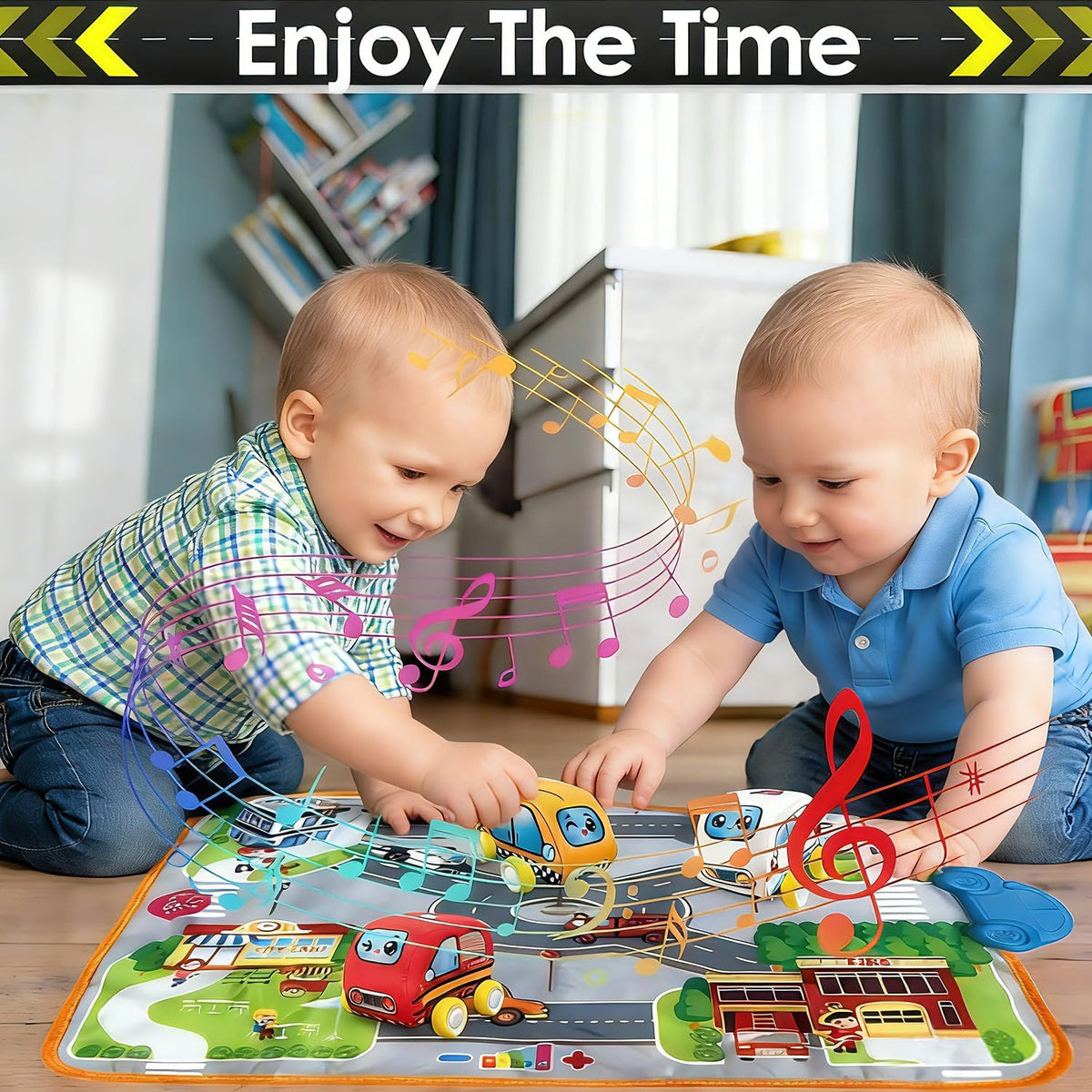 Soft Cars Toys with Voiced Playmat for One Year Old Toddler, Birthday Gifts for Infant 1 to 3 Years Boys and Girls, Musical Mat Easy Storage