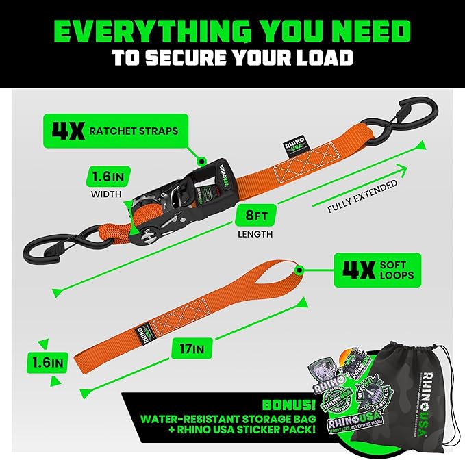 Rhino USA Ratchet Straps Heavy Duty Kit (4-Pack) - 1.6 Inch x 8 Feet Min Break Strength (5,000) - Ultimate Tie Down Straps with Safety S Hooks for Trucks, ATV, UTV, Motorcycle, Cargo & More - Orange