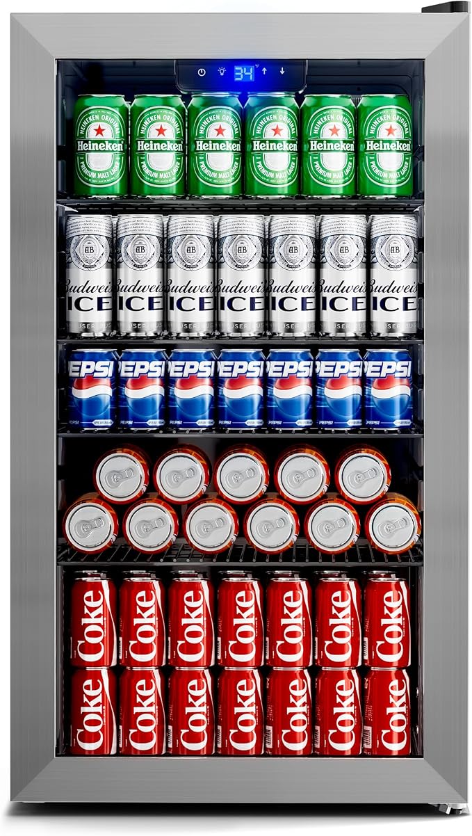 130 Can Beverage Refrigerator, 3.2 Cu.ft Mini Fridge, Glass Door, Silver | 34-64°F, LED Interior Light, Adjustable Removable Shelves, Beverage Cooler for Bedroom, Office, Bar