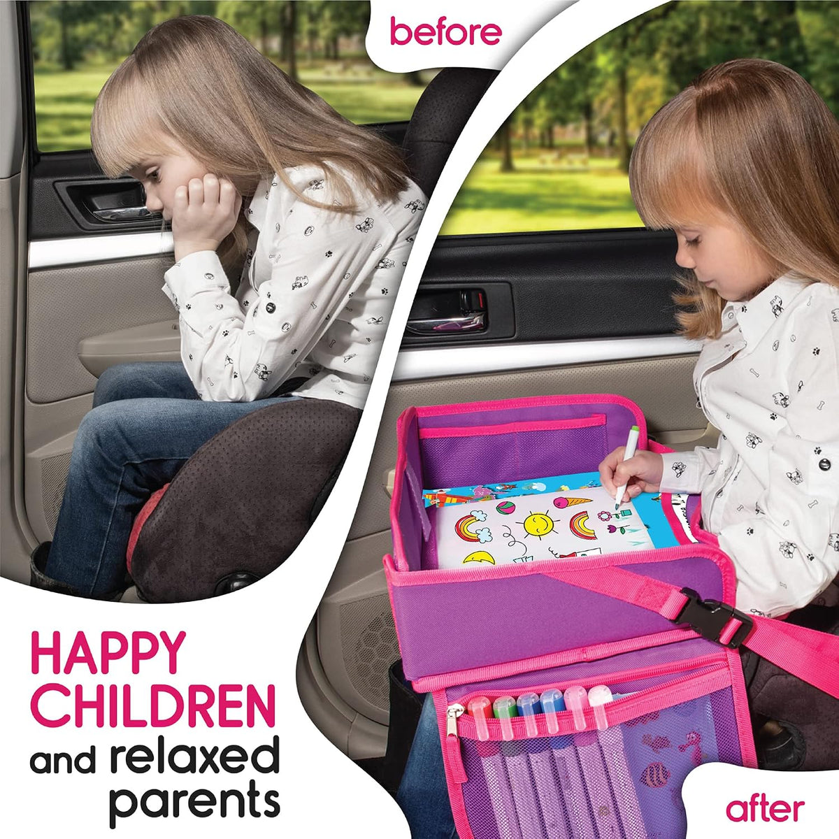 Kids Travel Tray - Waterproof Lap Table with No-Drop Large Tablet Holder - Car Seat Tray - Road Trip Essentials Kids - Car Desk Organizer for Airplane - Toddler Travel Essentials (Pink)