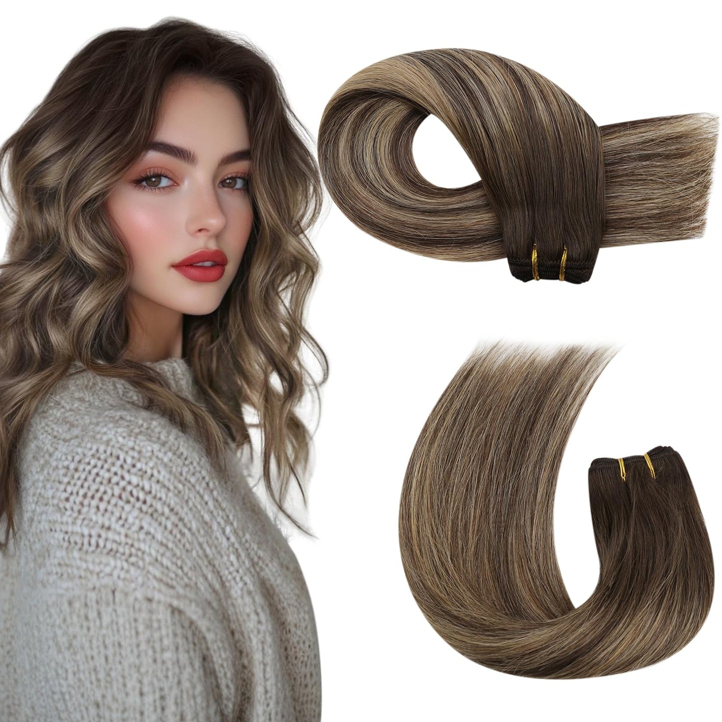 Moresoo Hair Weft Sew In Human Hair Extensions Balayage Weft Extensions Real Human Hair Dark Brown And Caramel Blonde Hair Exten