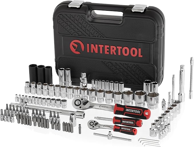 INTERTOOL Metric Socket Set 1/4” & 1/2” Drive 111-Piece 4-32 mm - 3pc Impact Sockets Cr-Mo - Quick Release Ratchets, Extensions, Adapters, Bits, Screwdriver, Hard Case - Tool Gift - ET08-8111