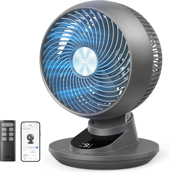 DREO Smart Fan for Bedroom, Powerful 85 ft Airflow, 12 Inches, Desk Fans in 20dB Quiet, 90°+90° oscillating fans, App/Voice Control, 9 Speeds & 8/12H Timer for Home Office Dorm