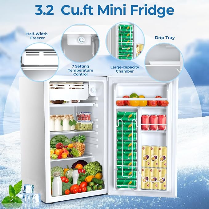 Electactic 3.2 Cu.ft Mini Fridge with Freezer, Compact Refrigerator with Reversible Single Door, Adjustable Thermostat, Low Noise, Energy Efficient for Office, Dorm, Bedroom, Apartment (WHITE)
