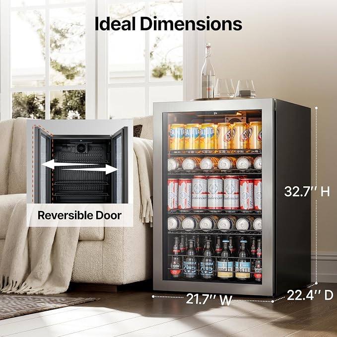 Ca'Lefort 155 Cans Mini Fridge, Beverage Refrigerator Cooler for Drink/Beer | 4.59 Cu.ft, Low-noise, Reversible Glass Door, 3-Color LED Lighting, Adjustable Shelves, 34℉ to 54℉ | Home Dorm Office Kitchen