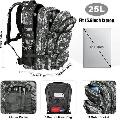 Military Tactical Backpack - 25L Molle Assault Pack for Men | Water-Resistant Heavy-Duty Rucksack - Black Digital Camo