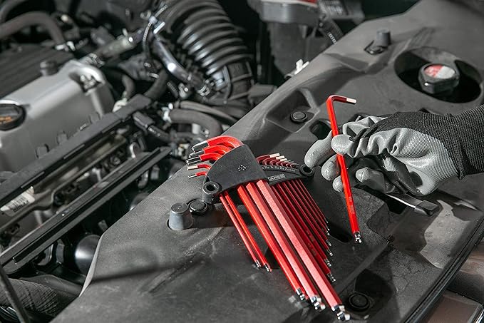 ARES 70164-13-Piece SAE Long Arm Ball End Hex Key Wrench Set - Chrome Finish with Red High Visibility Anti-Slip Coating - Convenient Storage Case Included
