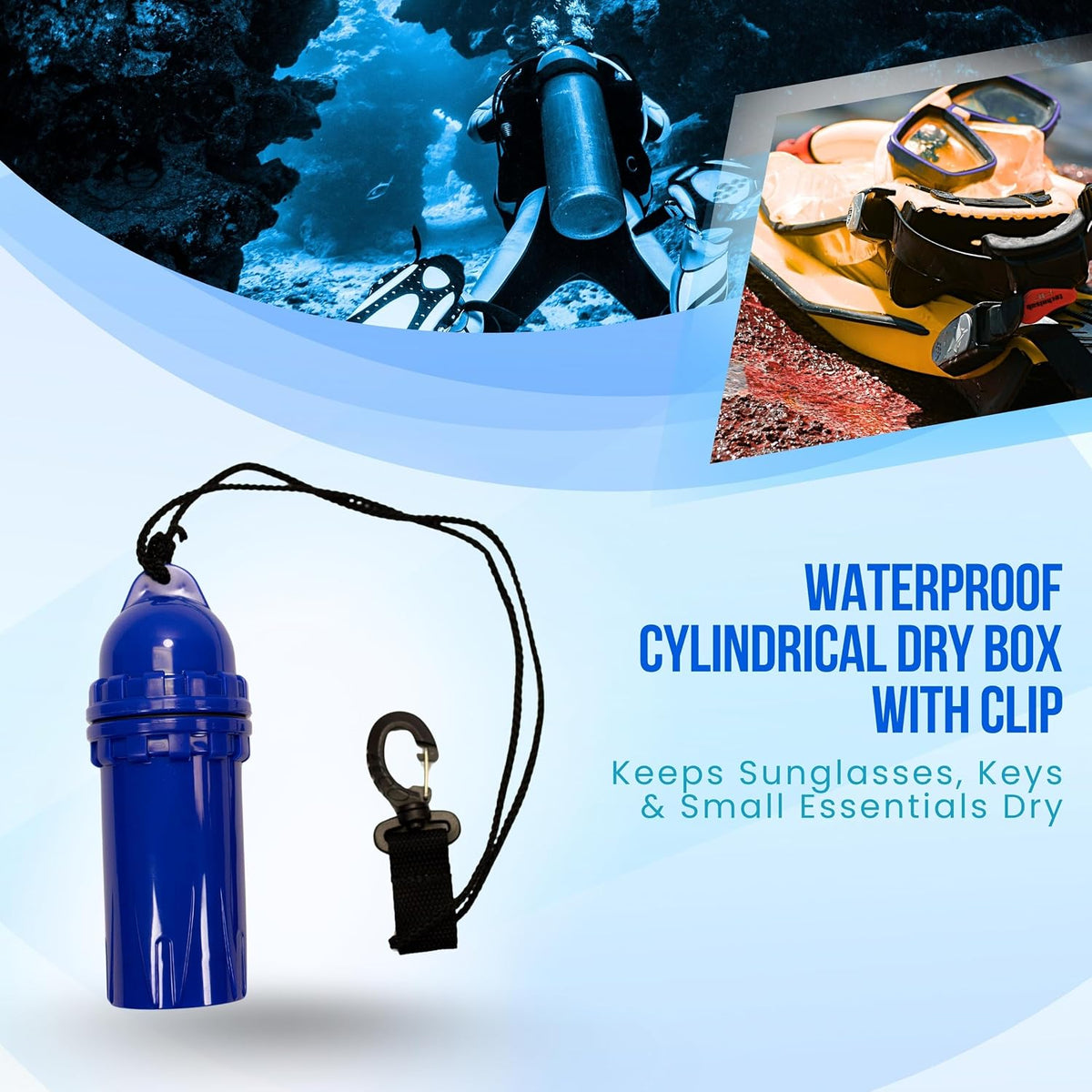 Scuba Choice Cylindrical Dry Box with Clip – Waterproof Storage for Sunglasses, Phones & Keys – Ideal for Scuba Diving & Snorkeling – Blue (5.04” x 2.07”)