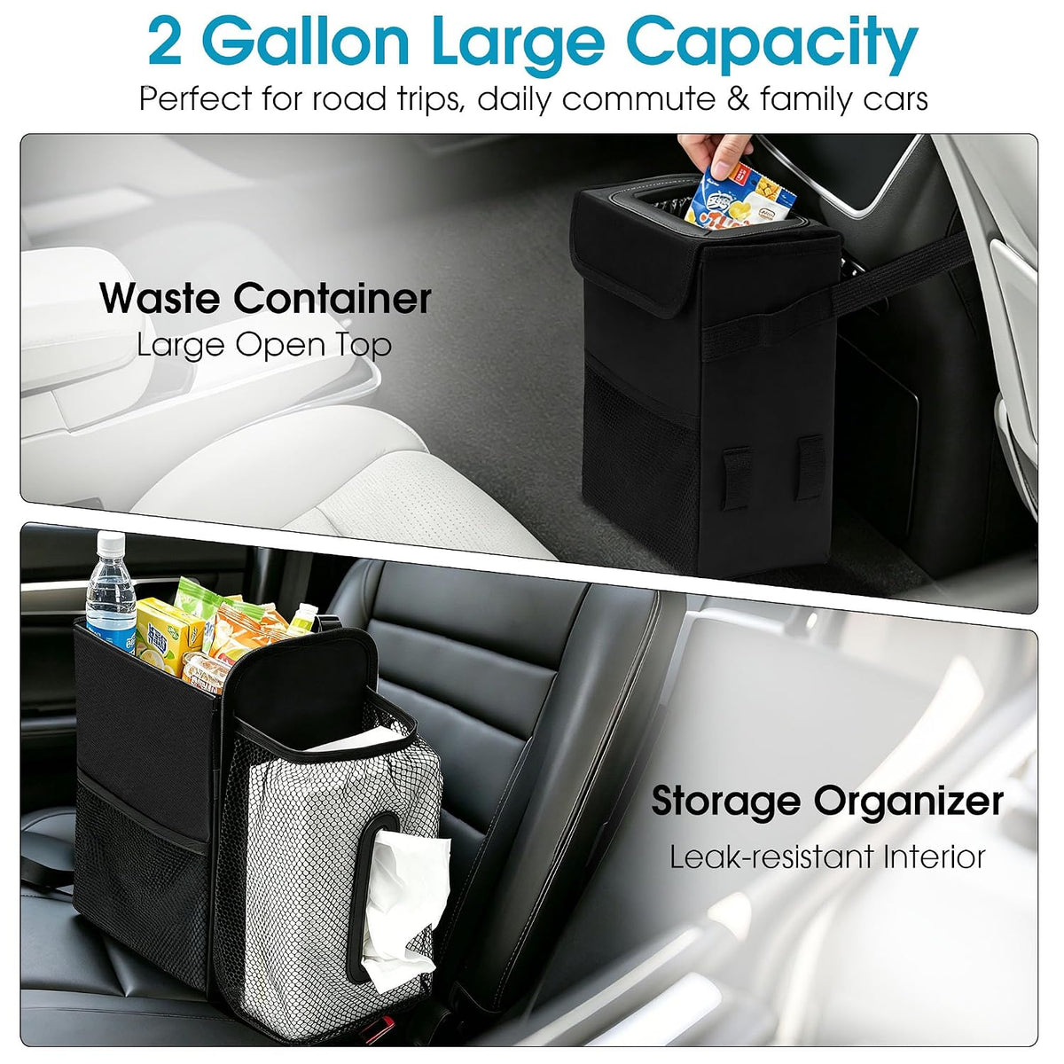 Ryhpez Car Trash Can with Tissue Holder, Leakproof Car Garbage Can with Detachable Car Napkin Holder, Hanging Car Trash Bin for Headrest, Console, Truck, SUV Car Accessories, Black