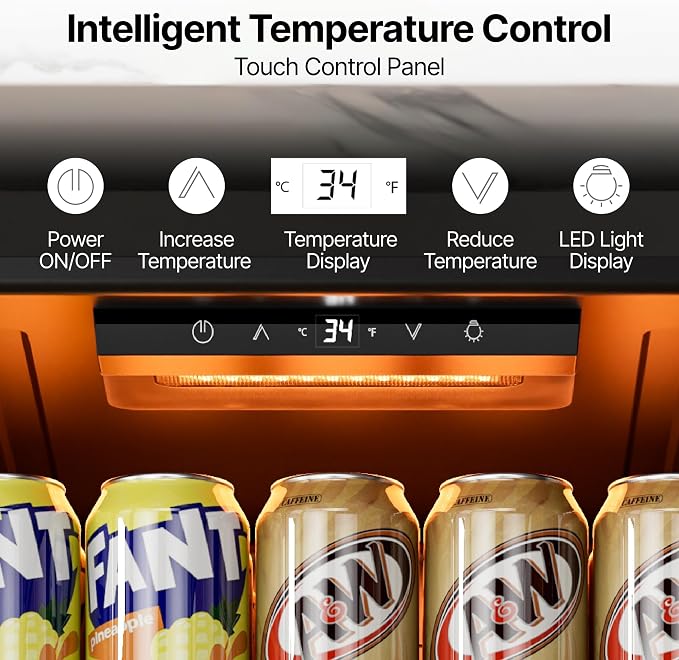 Ca'Lefort 105 Cans Mini Fridge, Beverage Refrigerator Cooler for Drink/Beer | 3.1 Cu.ft, Low-noise, Reversible Glass Door, 3-Color LED Lighting, Adjustable Shelves, 34℉ to 54℉