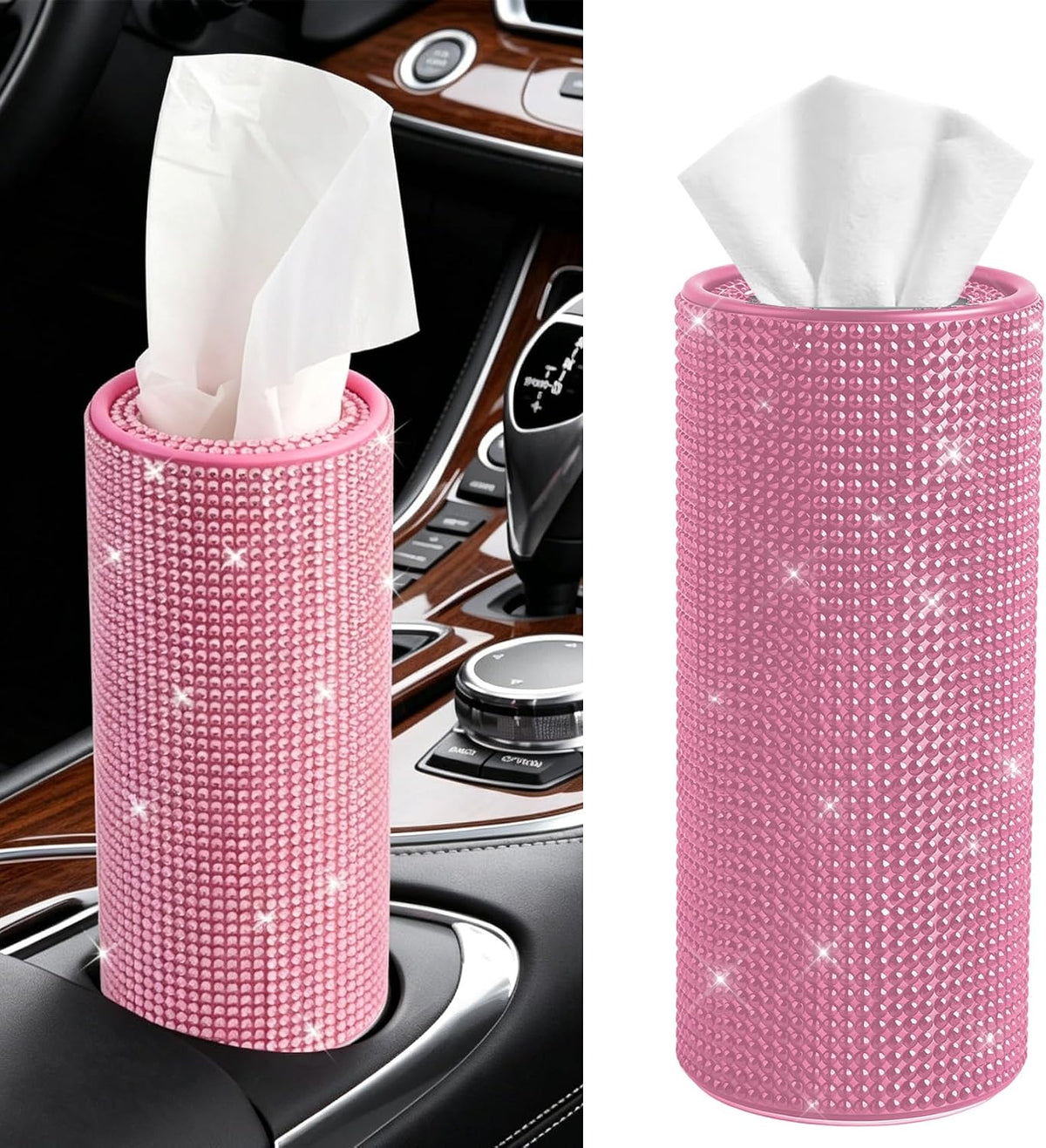 Bling Car Tissue Holder for Cup Holder, Car Organizer, Sparkly Diamond Automotive Interior Tissue Cylinder Storage Box, Cylinder Tissue Dispenser for Cars Decor Universal for Most Cars (Black)