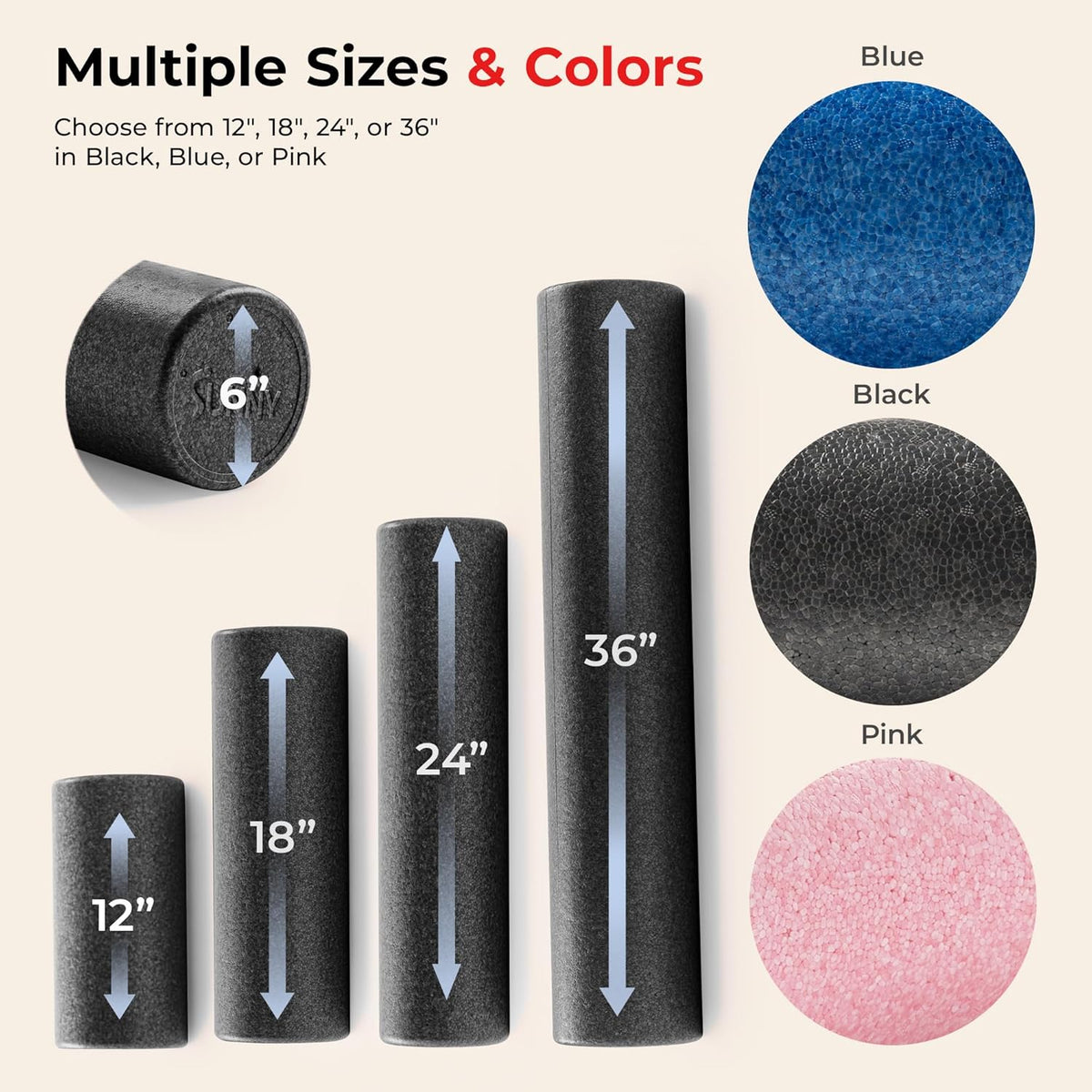 Sunny Health & Fitness High-Density Foam Roller | Stretching & Muscle Recovery - 12" to 36" - Black, Blue, Pink