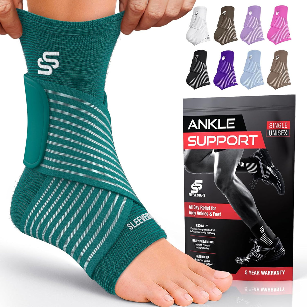 Sleeve Stars Ankle Brace - Compression Support for Sprains & Plantar Fasciitis Relief | Customizable Fit, Turquoise (Pair/M: 10"-12")