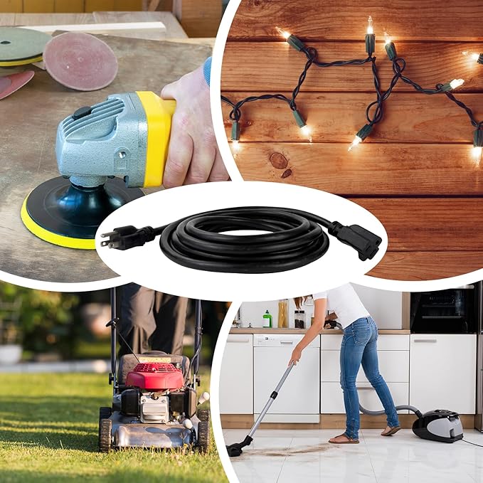 15 FT Outdoor Heavy Duty Extension Cord - 12/3 SJTW 15 AMP Indoor Power Cord with 3 Prong Grounded Plug for Lawn Mower, Appliances, Workshop, Lights Water Resistant Flexible Cable 12 Gauge