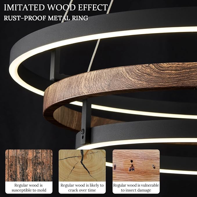 3 Ring LED Chandelier Black Round Chandelier Light Fixture Dimmable Farmhouse