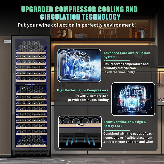 200 Bottle Dual Zone Wine Fridge, 24 Inch Large Wine Cooler Refrigerator Built-In or Freestanding, Tall Wine Cooler with Upgraded Compressor, Temperature Memory, Low Noise and Fast Cooling