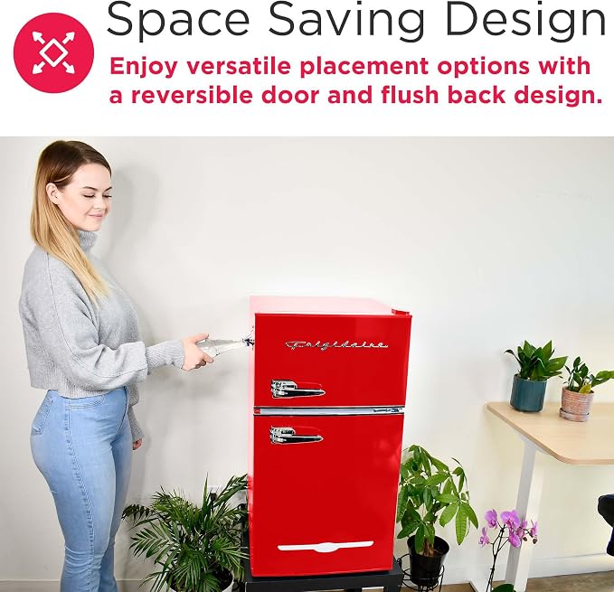 Frigidaire Retro Compact Fridge Freezer Combo, 3.1 cu. ft. Capacity, Small Top Freezer Refrigerator, Mini Fridge with Built-in Bottle Opener – 19”"D x 20.5" W x 33.5" H (Red)