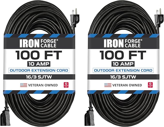 Iron Forge Cable 2 Pack 100 Ft Black Extension Cord, 16/3, 100 Foot Extension Cord, 3 Prong, Weatherproof - Great for Outside Use