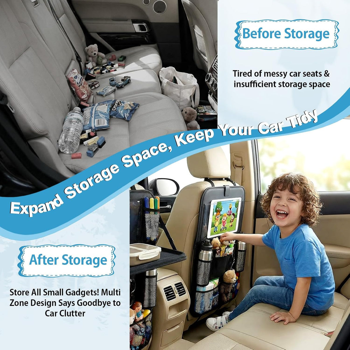 Car Backseat Organizer with Foldable Table Tray & Touchable Tablet Holder