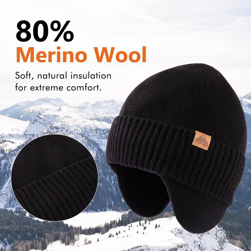 TOP-EX XL/XXL Merino Wool Waterproof Beanie for Men Women with Ear Flap Winter Fleece Lined Beanie Outdoor Skiing Hat Black M/L