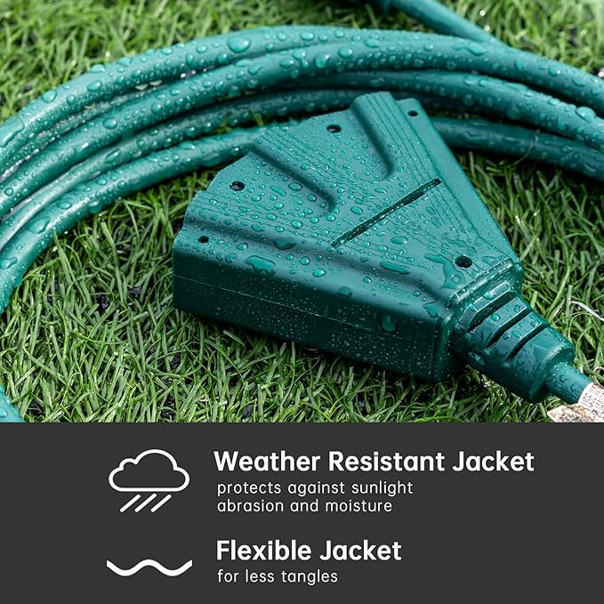 3-Outlets Indoor Outdoor Extension Cord Weatherproof, UL Certified, 16 Gauge 8FT Green 3 Prong Heavy Duty, 16/3 SJTW 13A Power Cord Multiple Outlets