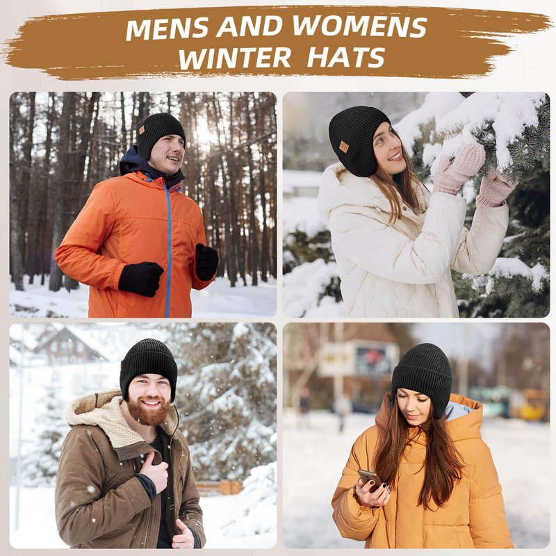 OZERO Winter Beanies Hats Men: Beanie with Ear Flaps Outdoor Thermal Knitted Hat - Soft Warm Knit Ski Stocking Polar Fleece Cuffed Cap for Men Women, Black