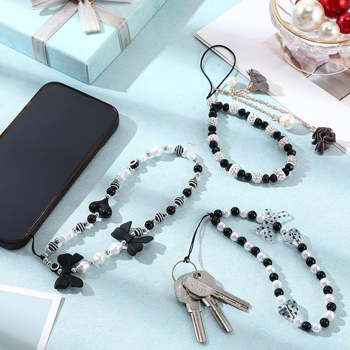 Ecally 3 Pcs Phone Charms Strap Camera Charm Strap Pearl Beaded Butterfly Bow