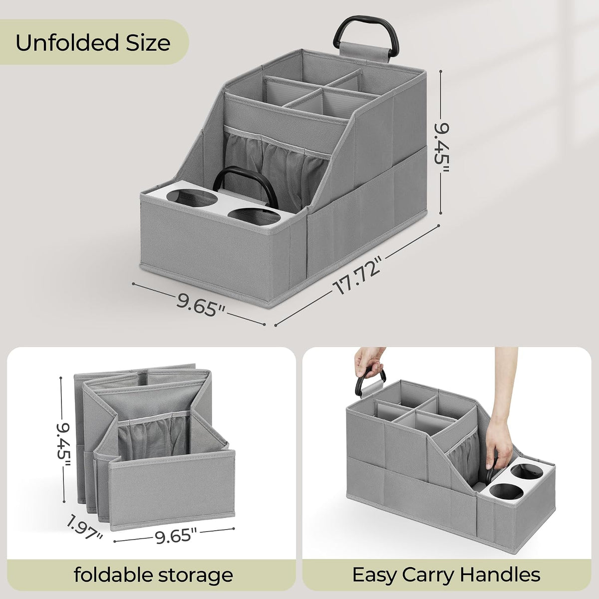 Easi Foldable Car Seat Organizer With 12 Storage Compartments 2 Metal Cup Holders, 2 Pack Back Seat Car Organizer For Car Accessories, Front Seat organizer For SUV Truck Van Sedans, Gry