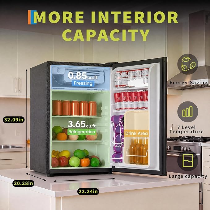 4.5 cu ft Mini Fridge Freezer, Energy-Efficient, Quiet, Adjustable Shelves | Single door, compact, for dorm, office, bedroom, kitchen, and bar use